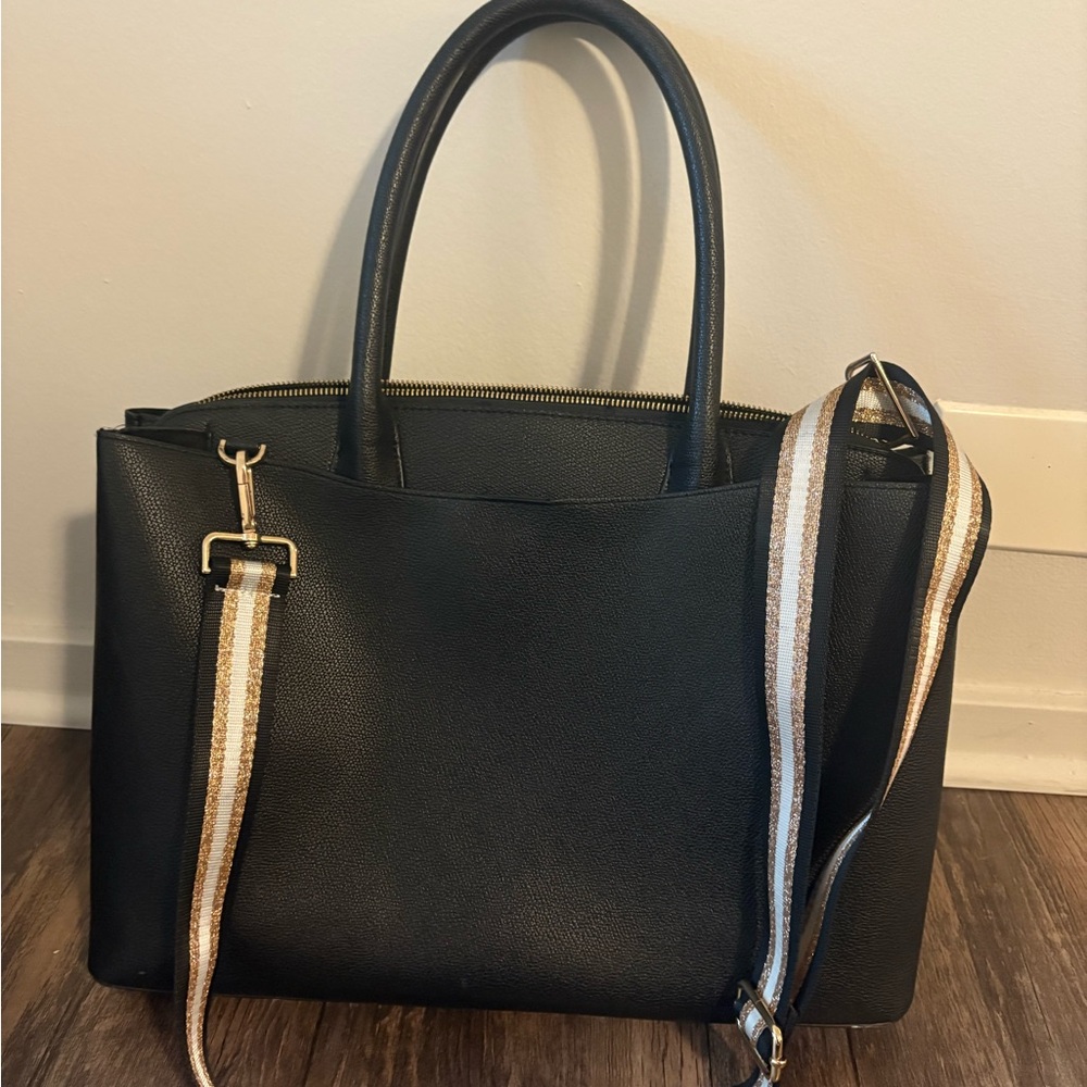 Black Faux Leather Laptop Tote Bag